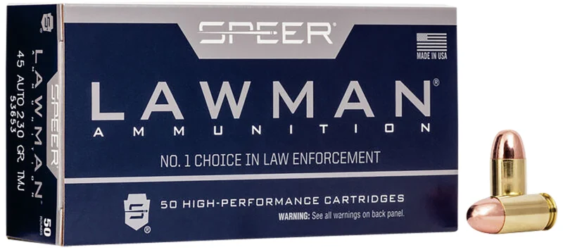 Speer 53653 Lawman 45ACP 230gr Total Metal Jacket Flat Nose 50 Per Box/20 Case
