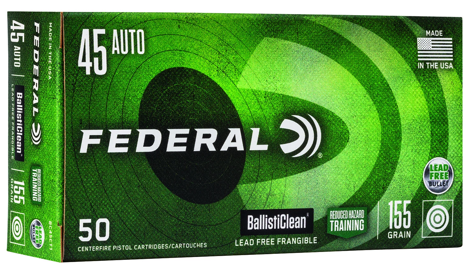 Federal BC45CT1 BallistiClean Reduced Hazard Training 45ACP 155gr Lead Free Frangible 50 Per Box/20 Case