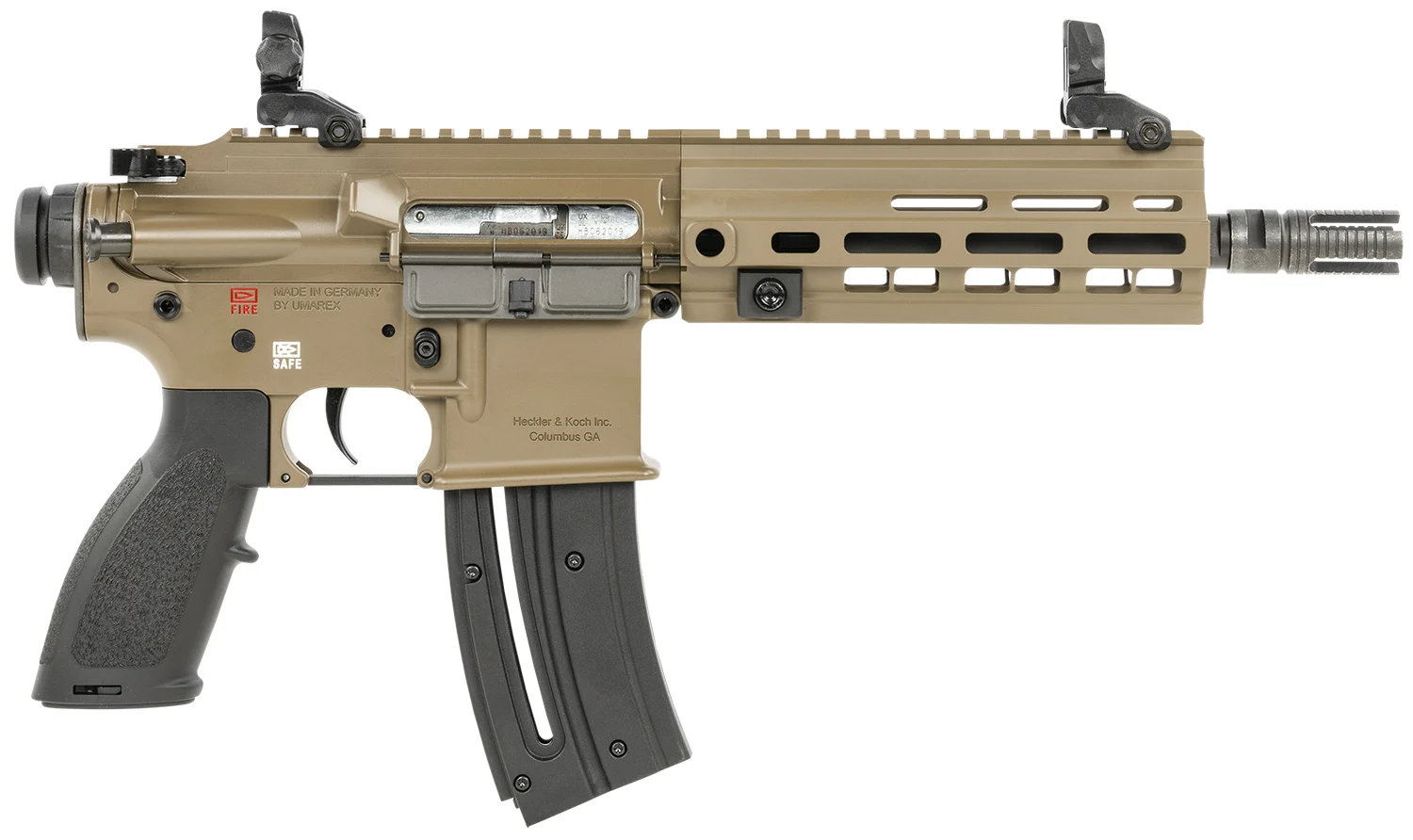 Heckler & Koch HK416 .22 LR pistol with 8.50 inch threaded barrel and FDE M-LOK receiver, black polymer grip