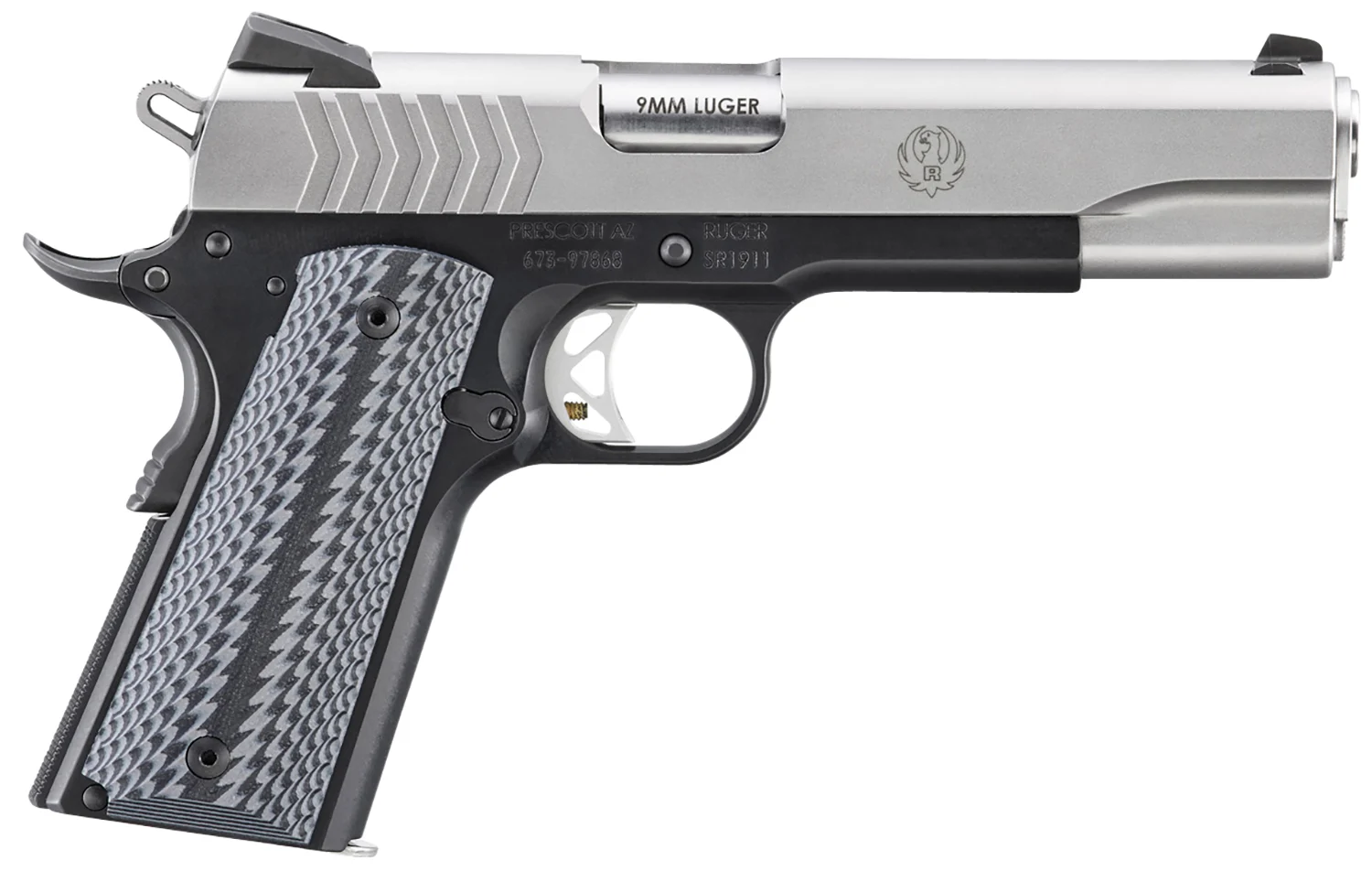 Ruger SR1911 Full Size 9mm Luger 9+1 5" Stainless Steel Barrel, Satin Stainless Steel Serrated Slide, Black Anodized Aluminum Frame w/Beavertail, Black/Gray G10 Grip