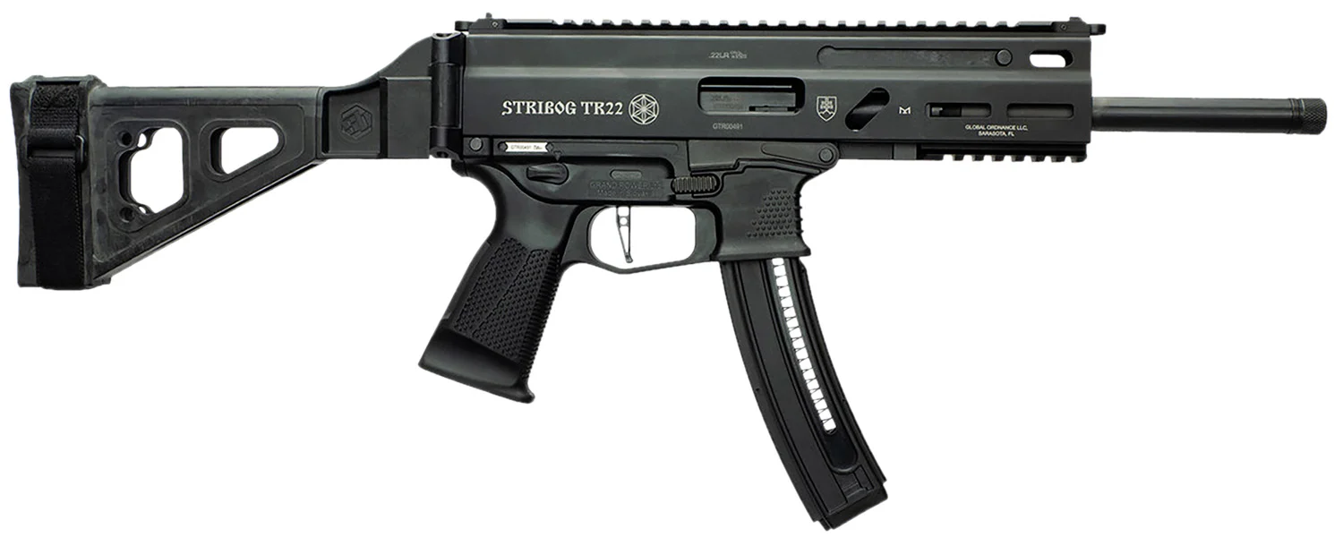 Grand Power Stribog TR22 .22 LR sub pistol with SB Tactical brace and black hardcoat anodize receiver