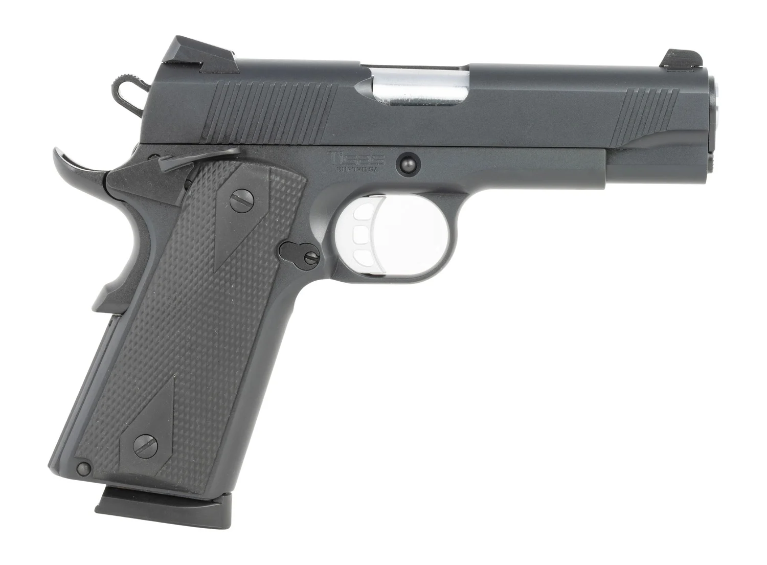 Tisas Arms 10100119 1911 Carry 45 ACP 8+1 4.25" Black Cerakote Carbon Steel Serrated Slide & Frame w/Beavertail, Black Rubber Grip