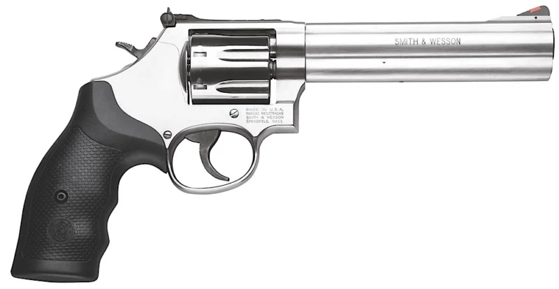 Smith & Wesson 164198 Model 686 Plus 357 Mag or 38 S&W Spl +P Stainless Steel 6" Barrel & 7rd Cylinder, Satin Stainless Steel L-Frame, Red Ramp Front/White Outline Rear Sights, Internal Lock