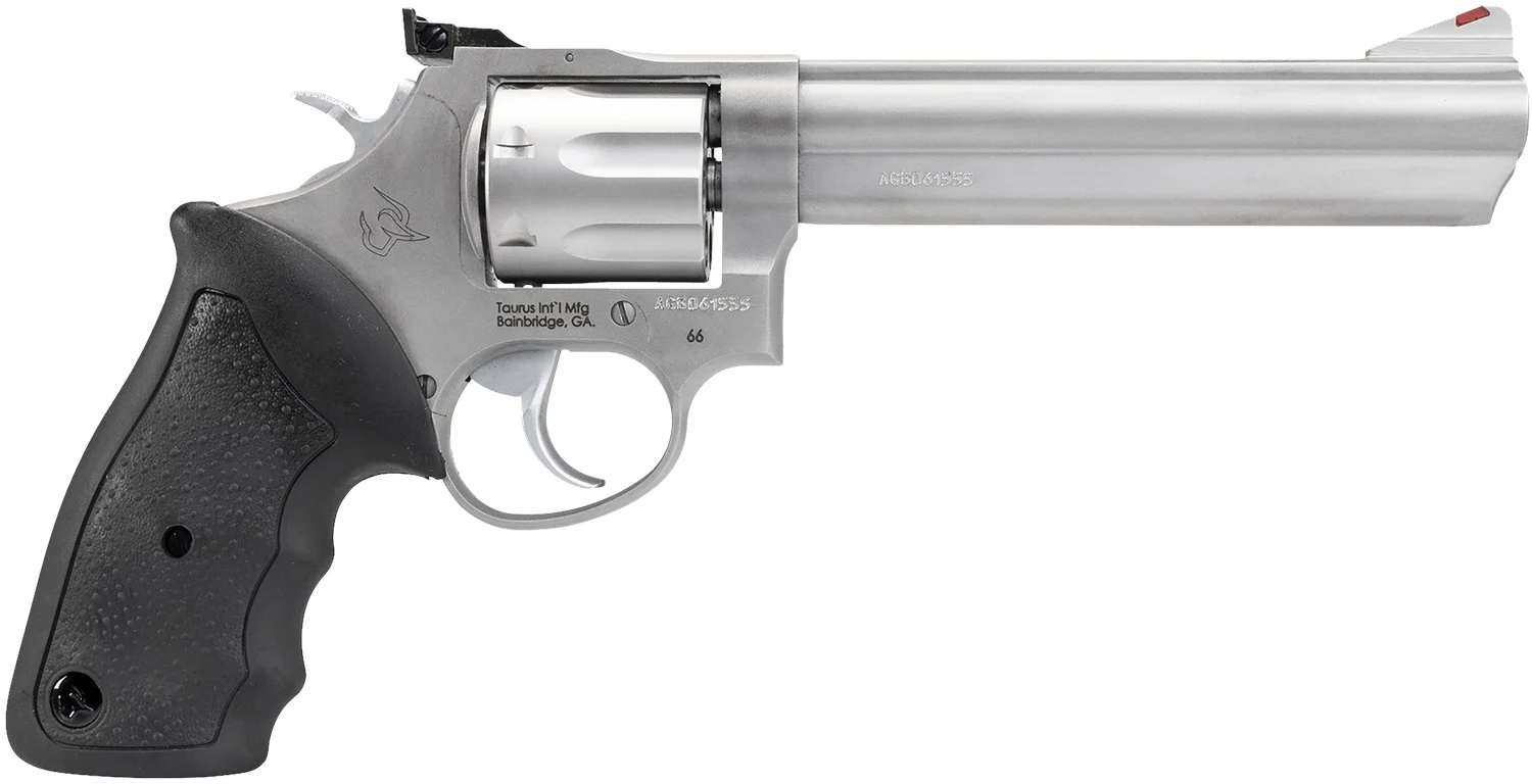 Taurus 2660069 66 38 Special +P or 357 Mag 7 Shot 6" Barrel, Overall Matte Finish Stainless Steel, Finger Grooved Black Rubber Grip, Adjustable Rear Sight