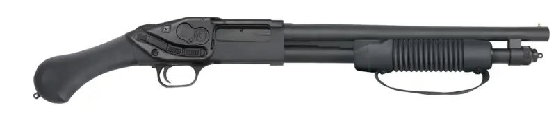 Mossberg 590 Shockwave 20 Gauge 14.375 in Laser Saddle pump shotgun with black synthetic raptor grip