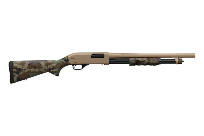 Winchester SXP Woodland Defender 12 gauge 18-inch barrel Flat Dark Earth finish and woodland camo stock
