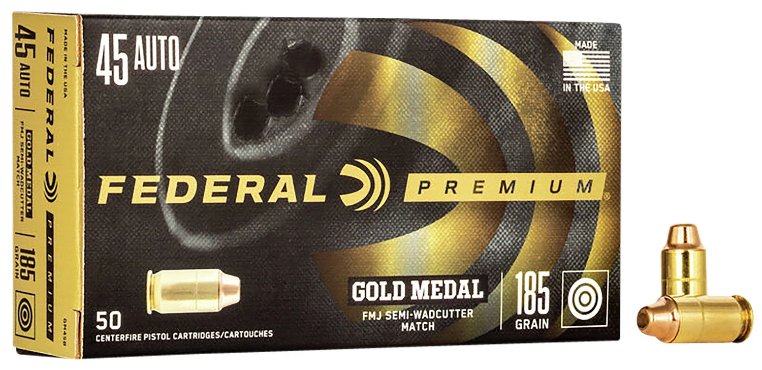 Federal GM45B Premium Gold Medal 45ACP 185gr Full Metal Jacket Semi Wadcutter 50 Per Box/20 Case